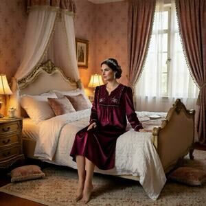 VTG Embroidered Burgundy Velour Zip Front Robe Gown Loungewear Housecoat Sz L